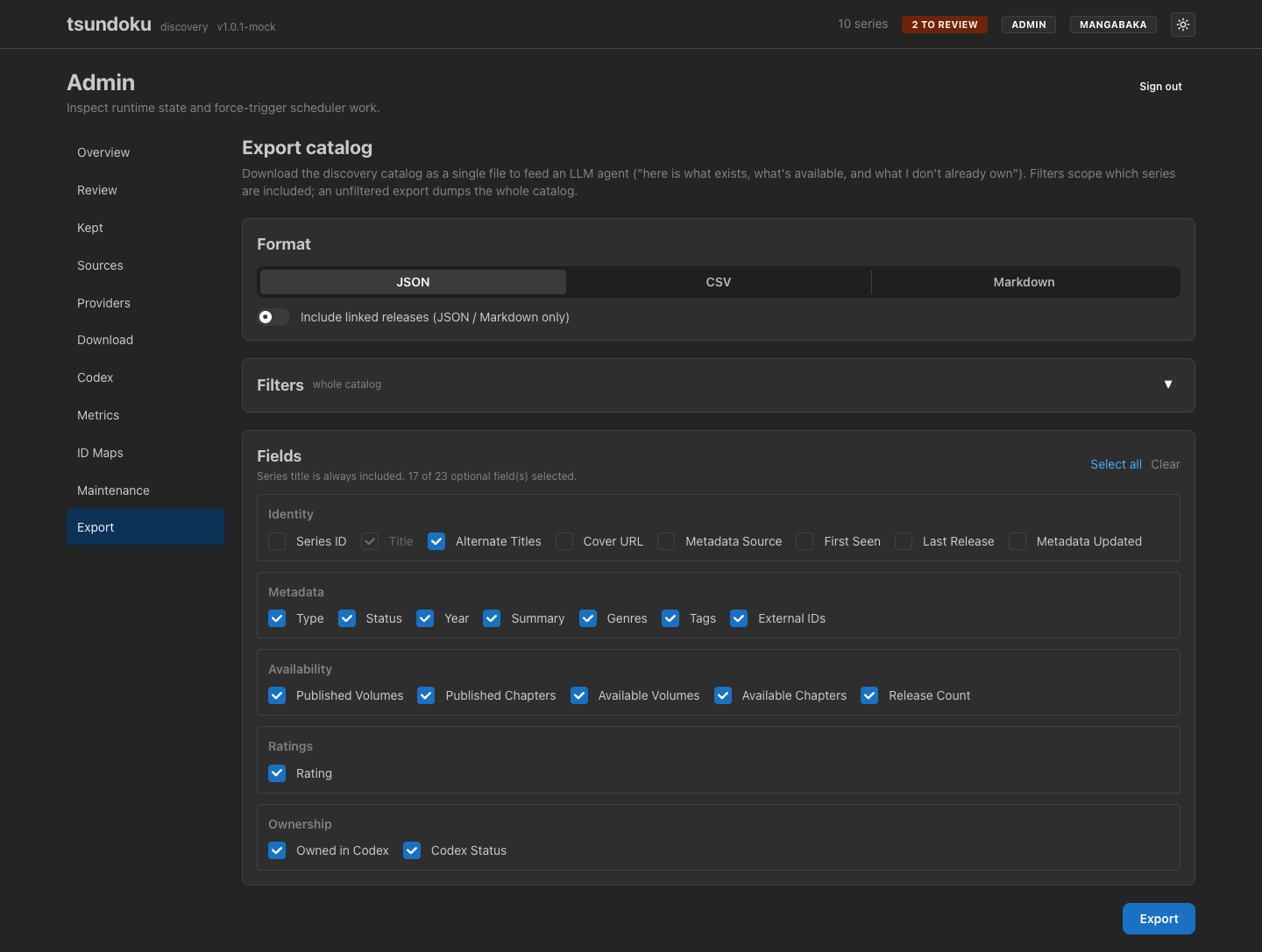 Catalog export page
